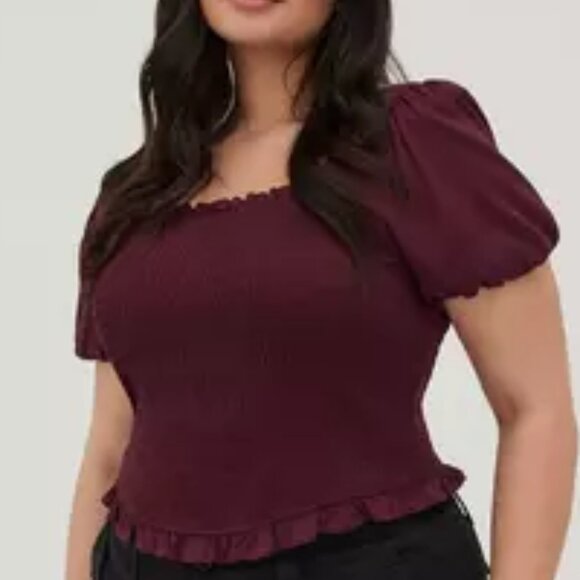Torrid Stretch Challis Smocked Puff Sleeve Crop Top Burgundy Plus Size 5X NEW - Picture 2 of 13